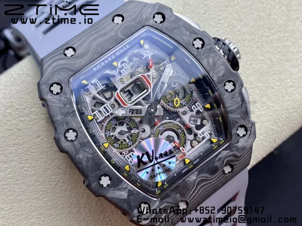 RICHARD MILLERM RM11-03 Black  Carbon Case Chrono KVF 1:1 Best Edition  Crystal Skeleton Yellow Dial On Gray Rubber Strap A7750 V3 - Super Clone Watch | 1:1 Best Version