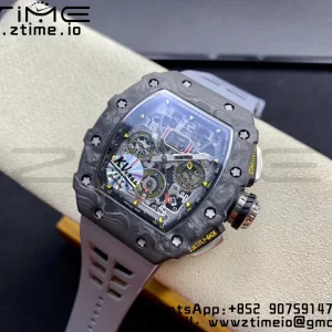 RICHARD MILLERM RM11-03 Black  Carbon Case Chrono KVF 1:1 Best Edition  Crystal Skeleton Yellow Dial On Gray Rubber Strap A7750 V3 - Super Clone Watch | 1:1 Best Version