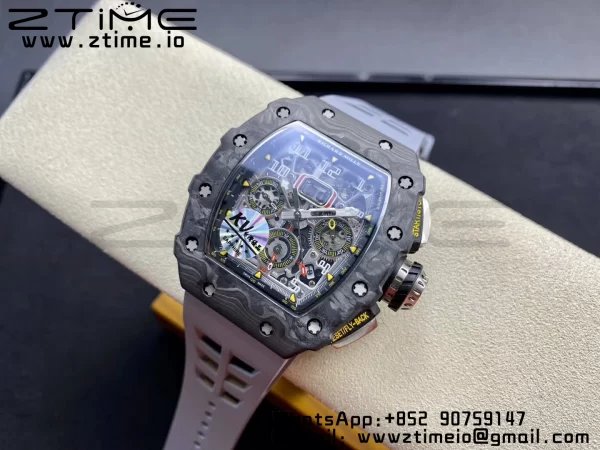 RICHARD MILLERM RM11-03 Black  Carbon Case Chrono KVF 1:1 Best Edition  Crystal Skeleton Yellow Dial On Gray Rubber Strap A7750 V3 - Super Clone Watch | 1:1 Best Version