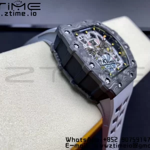 RICHARD MILLERM RM11-03 Black  Carbon Case Chrono KVF 1:1 Best Edition  Crystal Skeleton Yellow Dial On Gray Rubber Strap A7750 V3 - Super Clone Watch | 1:1 Best Version
