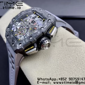 RICHARD MILLERM RM11-03 Black  Carbon Case Chrono KVF 1:1 Best Edition  Crystal Skeleton Yellow Dial On Gray Rubber Strap A7750 V3 - Super Clone Watch | 1:1 Best Version