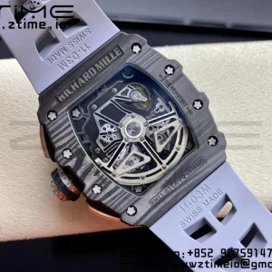 RICHARD MILLERM RM11-03 Black  Carbon Case Chrono KVF 1:1 Best Edition  Crystal Skeleton Yellow Dial On Gray Rubber Strap A7750 V3 - Super Clone Watch | 1:1 Best Version
