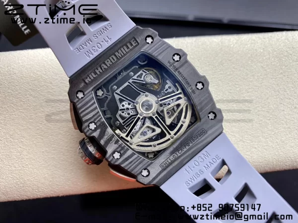 RICHARD MILLERM RM11-03 Black  Carbon Case Chrono KVF 1:1 Best Edition  Crystal Skeleton Yellow Dial On Gray Rubber Strap A7750 V3 - Super Clone Watch | 1:1 Best Version