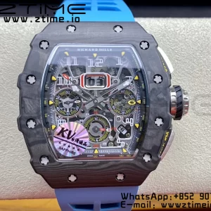 RICHARD MILLERM RM11-03 Black  Carbon Case Chrono KVF 1:1 Best Edition  Crystal Skeleton Yellow Dial On Blue Rubber Strap A7750 V3 - Super Clone Watch | 1:1 Best Version
