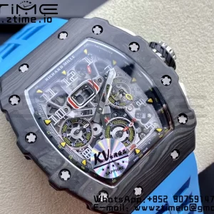RICHARD MILLERM RM11-03 Black  Carbon Case Chrono KVF 1:1 Best Edition  Crystal Skeleton Yellow Dial On Blue Rubber Strap A7750 V3 - Super Clone Watch | 1:1 Best Version