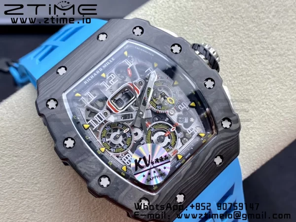 RICHARD MILLERM RM11-03 Black  Carbon Case Chrono KVF 1:1 Best Edition  Crystal Skeleton Yellow Dial On Blue Rubber Strap A7750 V3 - Super Clone Watch | 1:1 Best Version