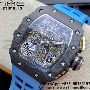 RICHARD MILLERM RM11-03 Black  Carbon Case Chrono KVF 1:1 Best Edition  Crystal Skeleton Yellow Dial On Blue Rubber Strap A7750 V3 - Super Clone Watch | 1:1 Best Version