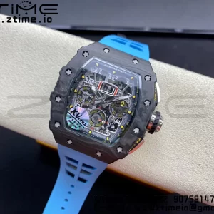 RICHARD MILLERM RM11-03 Black  Carbon Case Chrono KVF 1:1 Best Edition  Crystal Skeleton Yellow Dial On Blue Rubber Strap A7750 V3 - Super Clone Watch | 1:1 Best Version