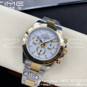 Rolex Daytona 116503 SS/YG Čistá továrna 1:1 Nejlepší vydání White Stick Dial on SS/YG Oyster Bracelet A4130 - Super Clone Watch | 1:1 Nejlepší verze