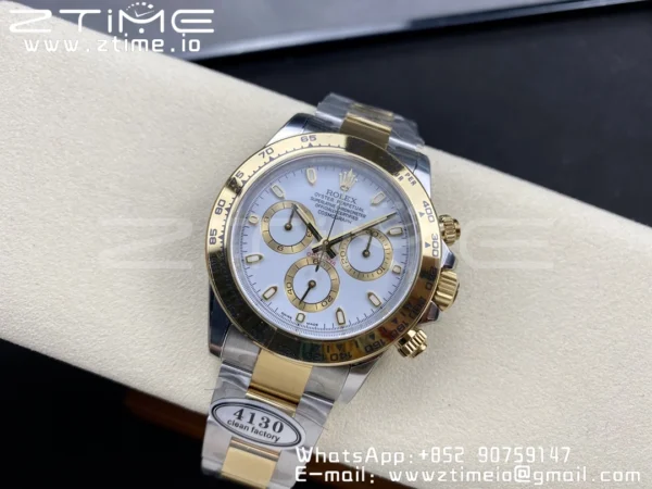 Rolex Daytona 116503 SS/YG Čistá továrna 1:1 Nejlepší vydání White Stick Dial on SS/YG Oyster Bracelet A4130 - Super Clone Watch | 1:1 Nejlepší verze