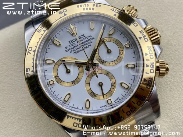 Rolex Daytona 116503 SS/YG Čistá továrna 1:1 Nejlepší vydání White Stick Dial on SS/YG Oyster Bracelet A4130 - Super Clone Watch | 1:1 Nejlepší verze