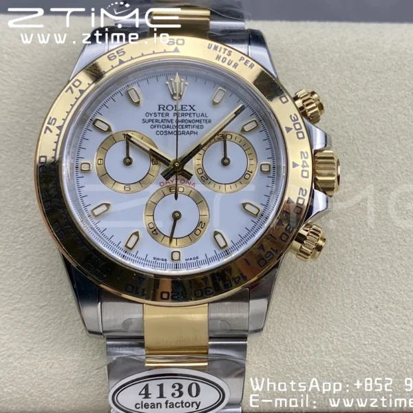 Rolex Daytona 116503 SS/YG Čistá továrna 1:1 Nejlepší vydání White Stick Dial on SS/YG Oyster Bracelet A4130 - Super Clone Watch | 1:1 Nejlepší verze