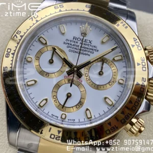 Rolex Daytona 116503 SS/YG Čistá továrna 1:1 Nejlepší vydání White Stick Dial on SS/YG Oyster Bracelet A4130 - Super Clone Watch | 1:1 Nejlepší verze