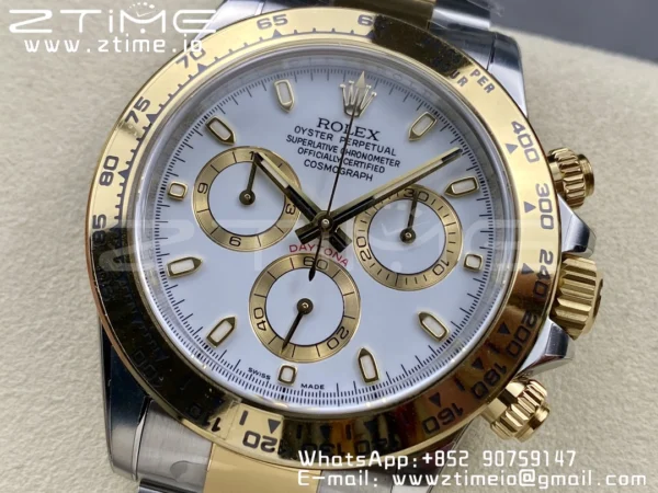 Rolex Daytona 116503 SS/YG Čistá továrna 1:1 Nejlepší vydání White Stick Dial on SS/YG Oyster Bracelet A4130 - Super Clone Watch | 1:1 Nejlepší verze