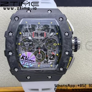 RICHARD MILLERM RM11-03 Black  Carbon Case Chrono KVF 1:1 Best Edition  Crystal Skeleton Yellow Dial On White Rubber Strap A7750 V3 - Super Clone Watch | 1:1 Best Version