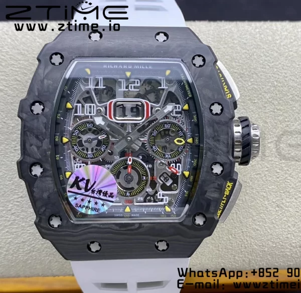RICHARD MILLERM RM11-03 Black  Carbon Case Chrono KVF 1:1 Best Edition  Crystal Skeleton Yellow Dial On White Rubber Strap A7750 V3 - Super Clone Watch | 1:1 Best Version