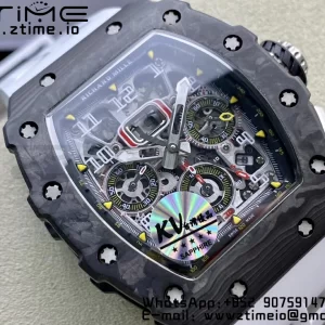 RICHARD MILLERM RM11-03 Black  Carbon Case Chrono KVF 1:1 Best Edition  Crystal Skeleton Yellow Dial On White Rubber Strap A7750 V3 - Super Clone Watch | 1:1 Best Version