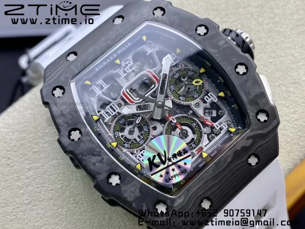 RICHARD MILLERM RM11-03 Black  Carbon Case Chrono KVF 1:1 Best Edition  Crystal Skeleton Yellow Dial On White Rubber Strap A7750 V3 - Super Clone Watch | 1:1 Best Version