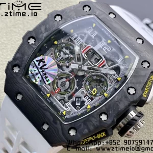 RICHARD MILLERM RM11-03 Black  Carbon Case Chrono KVF 1:1 Best Edition  Crystal Skeleton Yellow Dial On White Rubber Strap A7750 V3 - Super Clone Watch | 1:1 Best Version