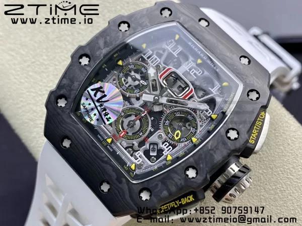 RICHARD MILLERM RM11-03 Black  Carbon Case Chrono KVF 1:1 Best Edition  Crystal Skeleton Yellow Dial On White Rubber Strap A7750 V3 - Super Clone Watch | 1:1 Best Version