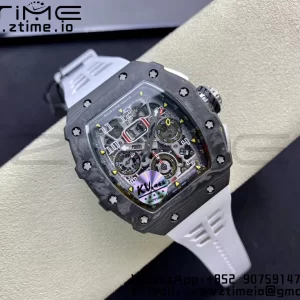 RICHARD MILLERM RM11-03 Black  Carbon Case Chrono KVF 1:1 Best Edition  Crystal Skeleton Yellow Dial On White Rubber Strap A7750 V3 - Super Clone Watch | 1:1 Best Version