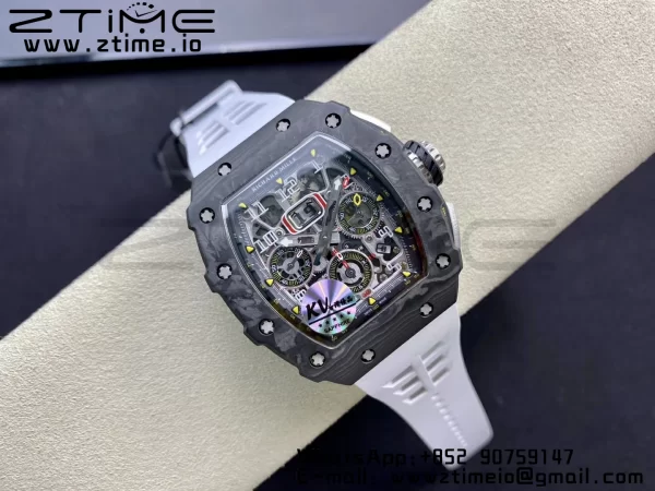 RICHARD MILLERM RM11-03 Black  Carbon Case Chrono KVF 1:1 Best Edition  Crystal Skeleton Yellow Dial On White Rubber Strap A7750 V3 - Super Clone Watch | 1:1 Best Version