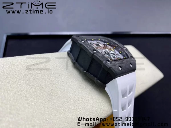 RICHARD MILLERM RM11-03 Black  Carbon Case Chrono KVF 1:1 Best Edition  Crystal Skeleton Yellow Dial On White Rubber Strap A7750 V3 - Super Clone Watch | 1:1 Best Version