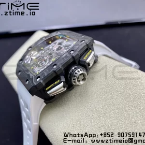 RICHARD MILLERM RM11-03 Black  Carbon Case Chrono KVF 1:1 Best Edition  Crystal Skeleton Yellow Dial On White Rubber Strap A7750 V3 - Super Clone Watch | 1:1 Best Version