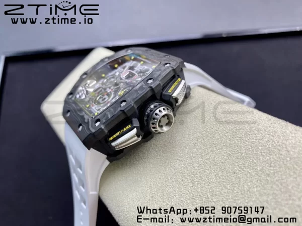 RICHARD MILLERM RM11-03 Black  Carbon Case Chrono KVF 1:1 Best Edition  Crystal Skeleton Yellow Dial On White Rubber Strap A7750 V3 - Super Clone Watch | 1:1 Best Version