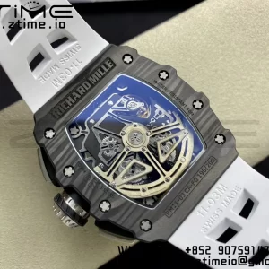 RICHARD MILLERM RM11-03 Black  Carbon Case Chrono KVF 1:1 Best Edition  Crystal Skeleton Yellow Dial On White Rubber Strap A7750 V3 - Super Clone Watch | 1:1 Best Version