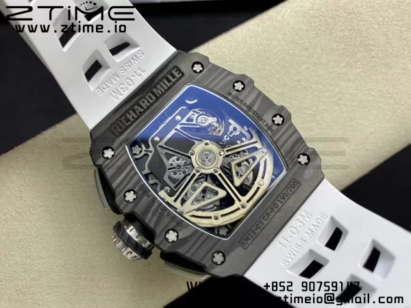RICHARD MILLERM RM11-03 Black  Carbon Case Chrono KVF 1:1 Best Edition  Crystal Skeleton Yellow Dial On White Rubber Strap A7750 V3 - Super Clone Watch | 1:1 Best Version