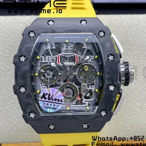 RICHARD MILLERM RM11-03 Black  Carbon Case Chrono KVF 1:1 Best Edition  Crystal Skeleton Yellow Dial On Yellow Rubber Strap A7750 V3 - Super Clone Watch | 1:1 Best Version