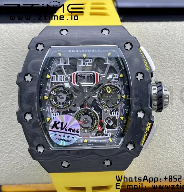 RICHARD MILLERM RM11-03 Black  Carbon Case Chrono KVF 1:1 Best Edition  Crystal Skeleton Yellow Dial On Yellow Rubber Strap A7750 V3 - Super Clone Watch | 1:1 Best Version