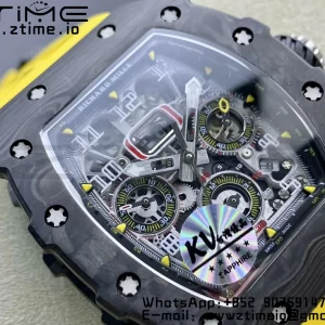RICHARD MILLERM RM11-03 Black  Carbon Case Chrono KVF 1:1 Best Edition  Crystal Skeleton Yellow Dial On Yellow Rubber Strap A7750 V3 - Super Clone Watch | 1:1 Best Version