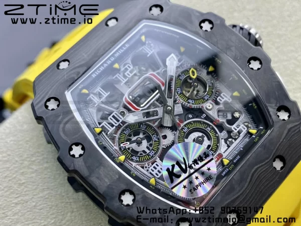 RICHARD MILLERM RM11-03 Black  Carbon Case Chrono KVF 1:1 Best Edition  Crystal Skeleton Yellow Dial On Yellow Rubber Strap A7750 V3 - Super Clone Watch | 1:1 Best Version