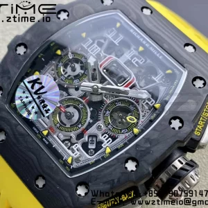RICHARD MILLERM RM11-03 Black  Carbon Case Chrono KVF 1:1 Best Edition  Crystal Skeleton Yellow Dial On Yellow Rubber Strap A7750 V3 - Super Clone Watch | 1:1 Best Version