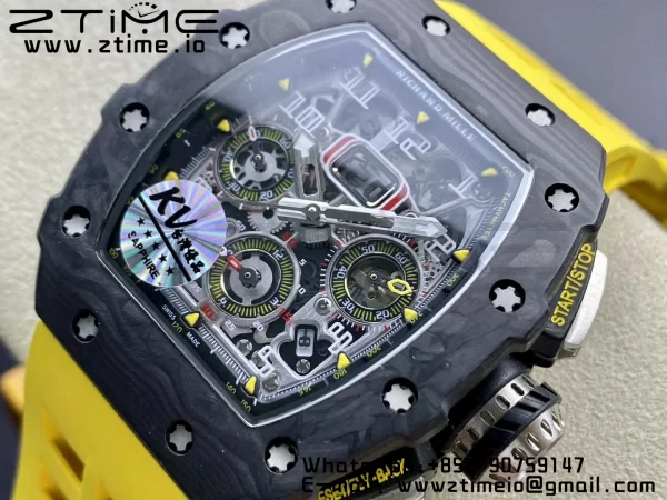 RICHARD MILLERM RM11-03 Black  Carbon Case Chrono KVF 1:1 Best Edition  Crystal Skeleton Yellow Dial On Yellow Rubber Strap A7750 V3 - Super Clone Watch | 1:1 Best Version