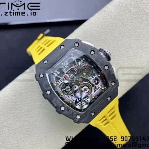 RICHARD MILLERM RM11-03 Black  Carbon Case Chrono KVF 1:1 Best Edition  Crystal Skeleton Yellow Dial On Yellow Rubber Strap A7750 V3 - Super Clone Watch | 1:1 Best Version