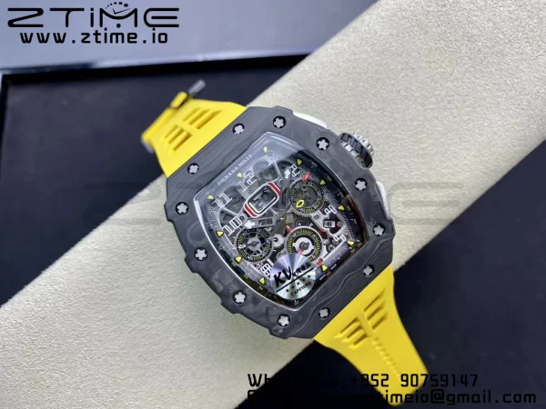 RICHARD MILLERM RM11-03 Black  Carbon Case Chrono KVF 1:1 Best Edition  Crystal Skeleton Yellow Dial On Yellow Rubber Strap A7750 V3 - Super Clone Watch | 1:1 Best Version