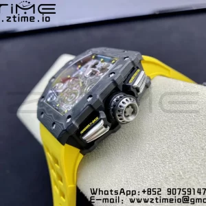 RICHARD MILLERM RM11-03 Black  Carbon Case Chrono KVF 1:1 Best Edition  Crystal Skeleton Yellow Dial On Yellow Rubber Strap A7750 V3 - Super Clone Watch | 1:1 Best Version