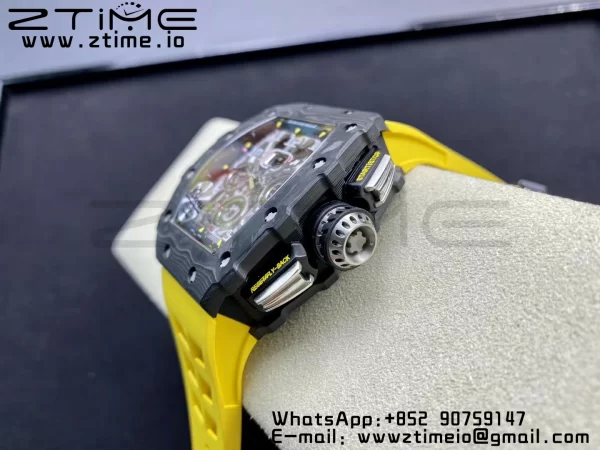 RICHARD MILLERM RM11-03 Black  Carbon Case Chrono KVF 1:1 Best Edition  Crystal Skeleton Yellow Dial On Yellow Rubber Strap A7750 V3 - Super Clone Watch | 1:1 Best Version