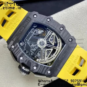 RICHARD MILLERM RM11-03 Black  Carbon Case Chrono KVF 1:1 Best Edition  Crystal Skeleton Yellow Dial On Yellow Rubber Strap A7750 V3 - Super Clone Watch | 1:1 Best Version