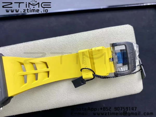 RICHARD MILLERM RM11-03 Black  Carbon Case Chrono KVF 1:1 Best Edition  Crystal Skeleton Yellow Dial On Yellow Rubber Strap A7750 V3 - Super Clone Watch | 1:1 Best Version