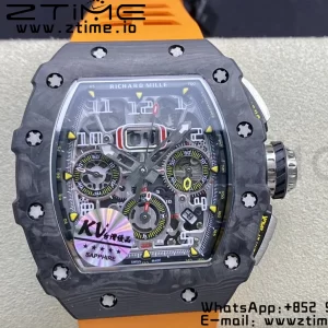 RICHARD MILLERM RM11-03 Black  Carbon Case Chrono KVF 1:1 Best Edition  Crystal Skeleton Yellow Dial On Orange Rubber Strap A7750 V3 - Super Clone Watch | 1:1 Best Version