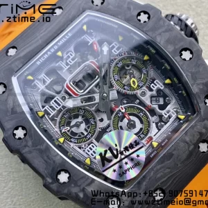 RICHARD MILLERM RM11-03 Black  Carbon Case Chrono KVF 1:1 Best Edition  Crystal Skeleton Yellow Dial On Orange Rubber Strap A7750 V3 - Super Clone Watch | 1:1 Best Version