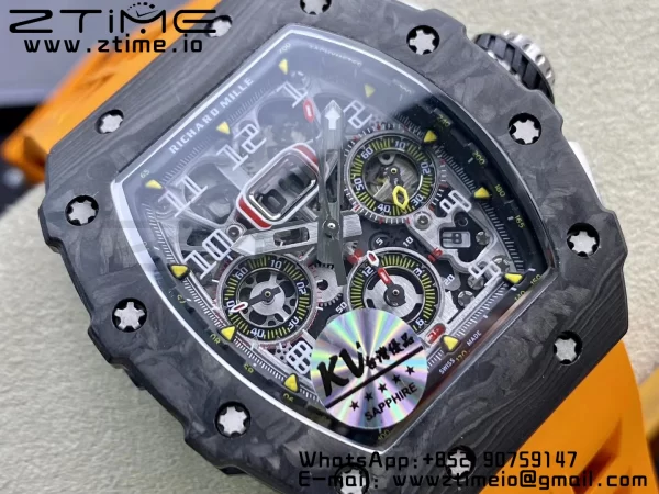 RICHARD MILLERM RM11-03 Black  Carbon Case Chrono KVF 1:1 Best Edition  Crystal Skeleton Yellow Dial On Orange Rubber Strap A7750 V3 - Super Clone Watch | 1:1 Best Version