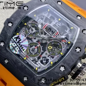 RICHARD MILLERM RM11-03 Black  Carbon Case Chrono KVF 1:1 Best Edition  Crystal Skeleton Yellow Dial On Orange Rubber Strap A7750 V3 - Super Clone Watch | 1:1 Best Version