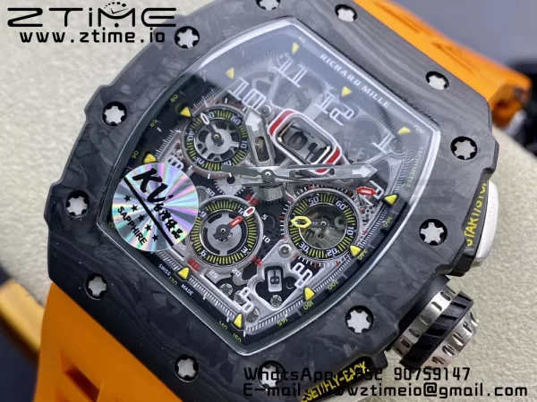 RICHARD MILLERM RM11-03 Black  Carbon Case Chrono KVF 1:1 Best Edition  Crystal Skeleton Yellow Dial On Orange Rubber Strap A7750 V3 - Super Clone Watch | 1:1 Best Version