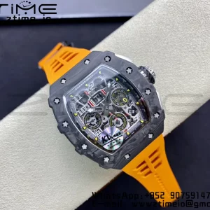 RICHARD MILLERM RM11-03 Black  Carbon Case Chrono KVF 1:1 Best Edition  Crystal Skeleton Yellow Dial On Orange Rubber Strap A7750 V3 - Super Clone Watch | 1:1 Best Version