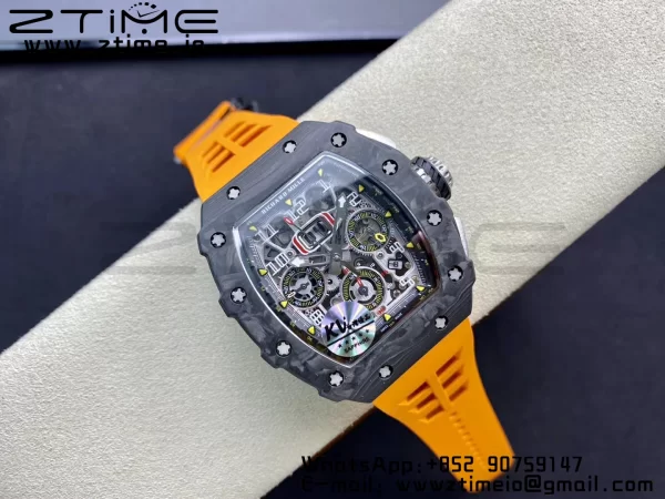 RICHARD MILLERM RM11-03 Black  Carbon Case Chrono KVF 1:1 Best Edition  Crystal Skeleton Yellow Dial On Orange Rubber Strap A7750 V3 - Super Clone Watch | 1:1 Best Version